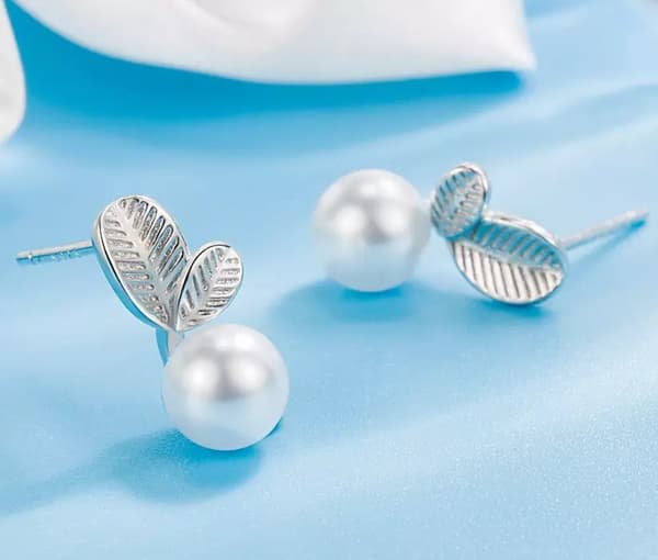 925 Sterling Silver Heart Leaf Pearl Drop Ear Stud Earrings Women Lady Jewellery