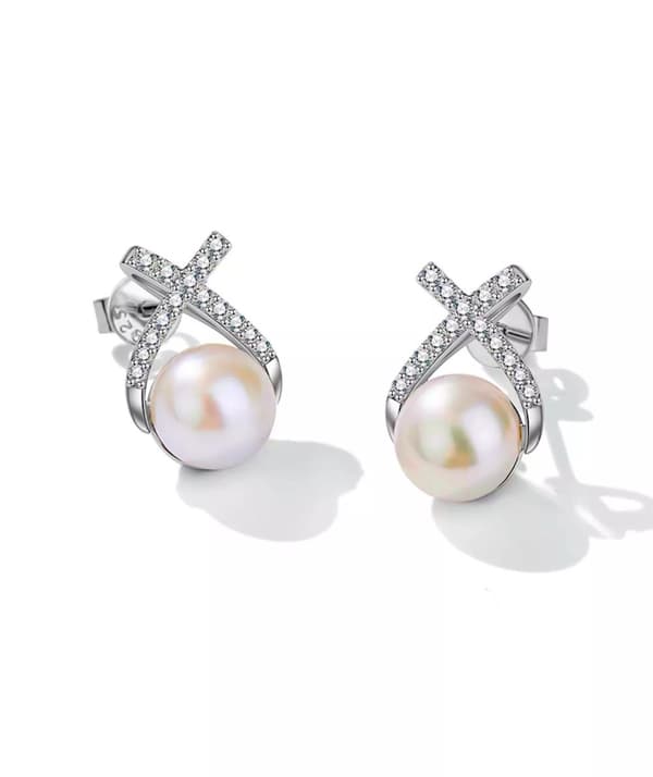 Crystal Pearl Bow Swirl Stud Earrings 925 Sterling Silver Womens Girls Jewellery