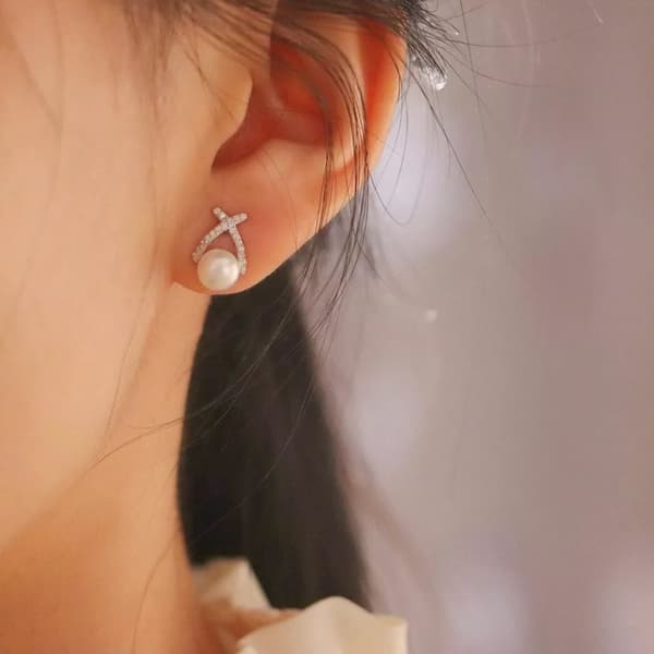 Crystal Pearl Bow Swirl Stud Earrings 925 Sterling Silver Womens Girls Jewellery