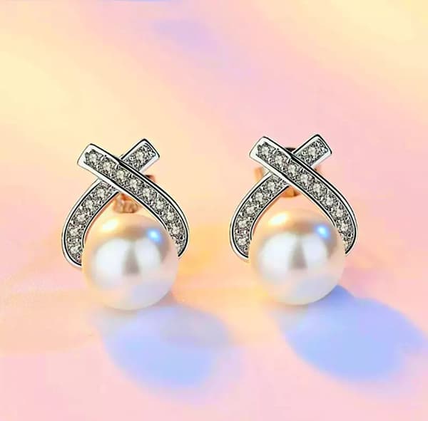Crystal Pearl Bow Swirl Stud Earrings 925 Sterling Silver Womens Girls Jewellery