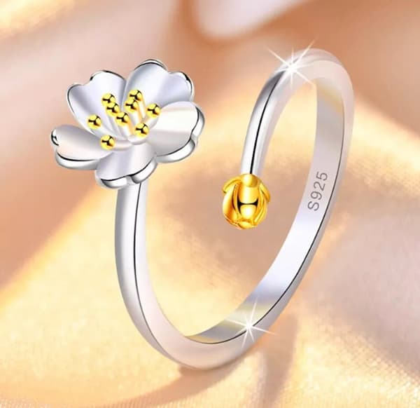 Gold Cherry Flower Adjustable Ring 925 Sterling Silver Plt Women Jewellery Gift