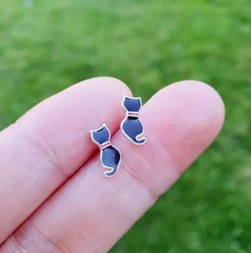 925 Sterling Silver Black Resin Cute Cat Kitty Stud Earrings Women Girl Gifts UK
