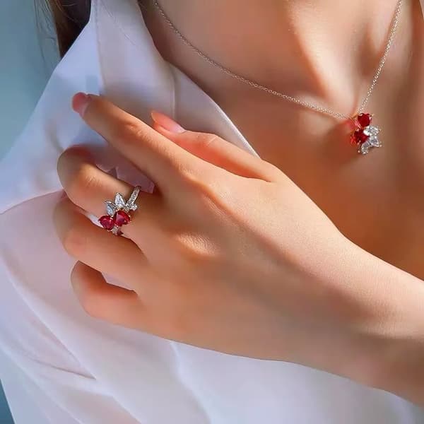 Red Crystal Double Heart Ring Pendant Silver Plt Women Girls Jewellery Love Gift