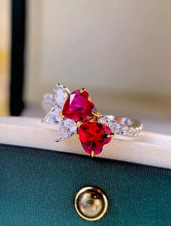 Red Crystal Double Heart Ring Pendant Silver Plt Women Girls Jewellery Love Gift