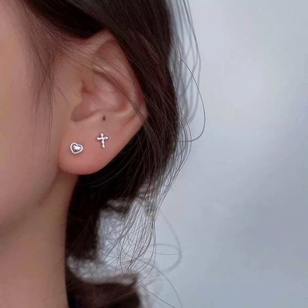 Beautiful Tiny Cross Heart Earrings 925 Sterling Silver Womens Girl Jewelry Gift
