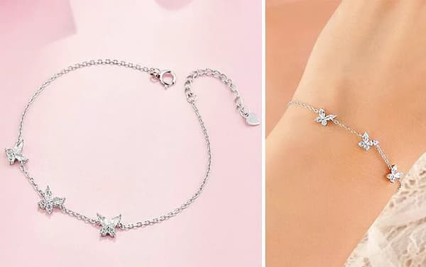 925 Sterling Silver Crystal Butterfly Charm Linked Bracelet Women Jewellery Gift