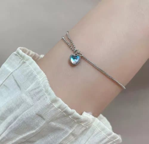 Double Layer Blue Heart 925 Sterling Silver Bracelet Womens Girl Jewellery Gift