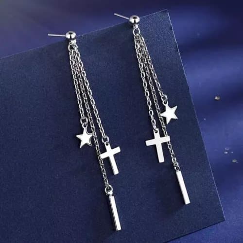 Cross Star Tassel Drop Earrings 925 Sterling Silver Womens Girls Jewellery Gift
