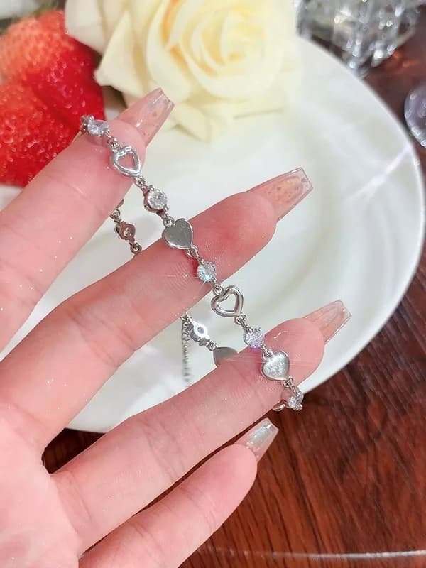 925 Sterling Silver Crystal Hollow Heart Linked Charm Bracelet Women Jewellery