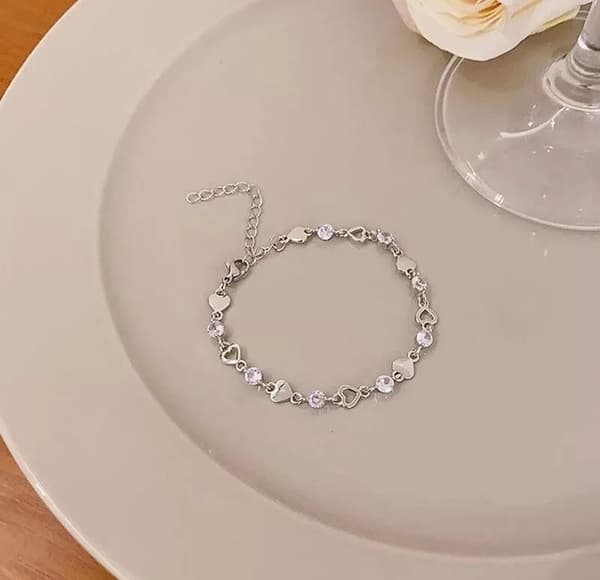 925 Sterling Silver Crystal Hollow Heart Linked Charm Bracelet Women Jewellery