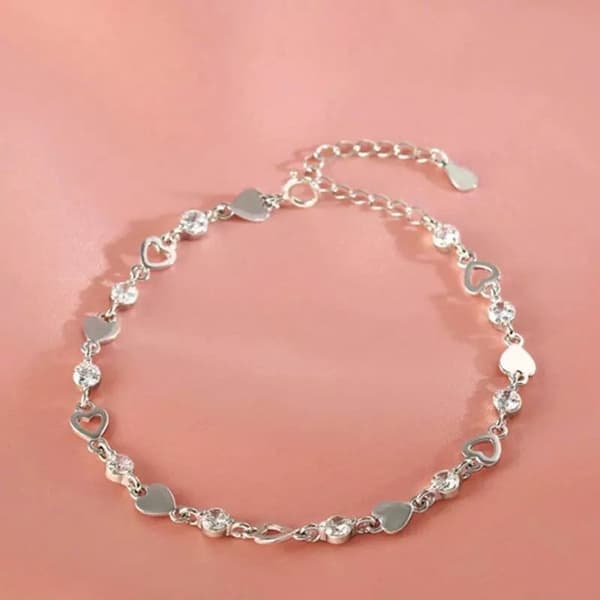 925 Sterling Silver Crystal Hollow Heart Linked Charm Bracelet Women Jewellery