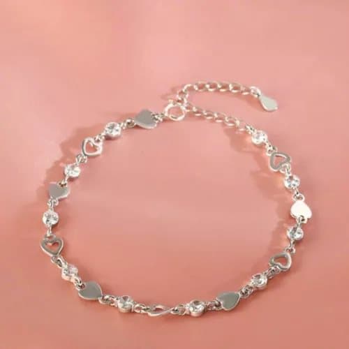 925 Sterling Silver Crystal Hollow Heart Linked Charm Bracelet Women Jewellery