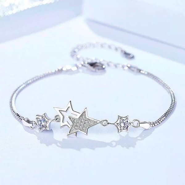 925 Sterling Silver Double Layer Star Linked Charm Bracelet Women Jewellery Gift