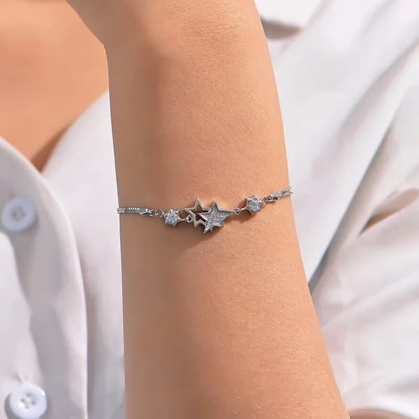 925 Sterling Silver Double Layer Star Linked Charm Bracelet Women Jewellery Gift