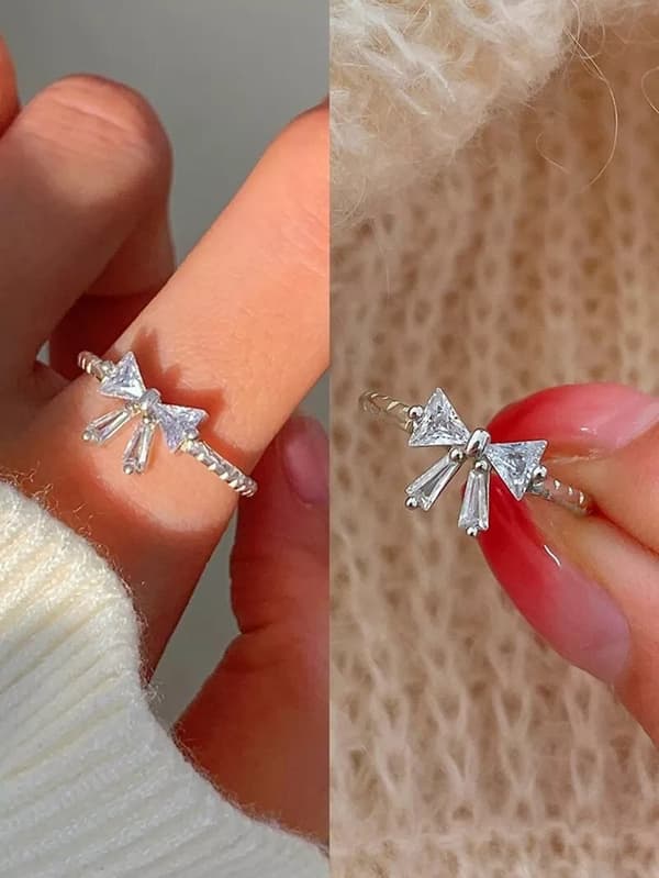 Vintage Retro Crystal Bow Adjustable Ring 925 Sterling Silver Womens Men Gift UK