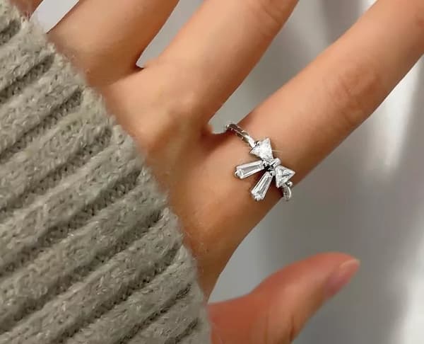 Vintage Retro Crystal Bow Adjustable Ring 925 Sterling Silver Womens Men Gift UK