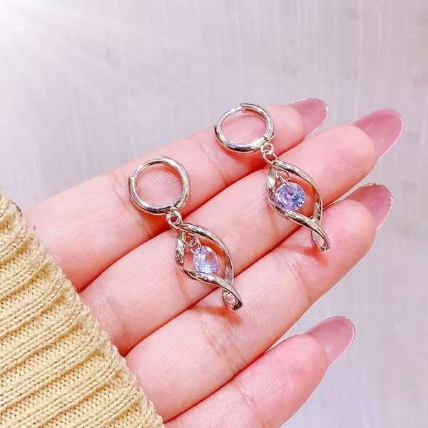 Crystal Swirl Leaf Drop Hoop Dangle Earrings 925 Sterling Silver Women Jewellery