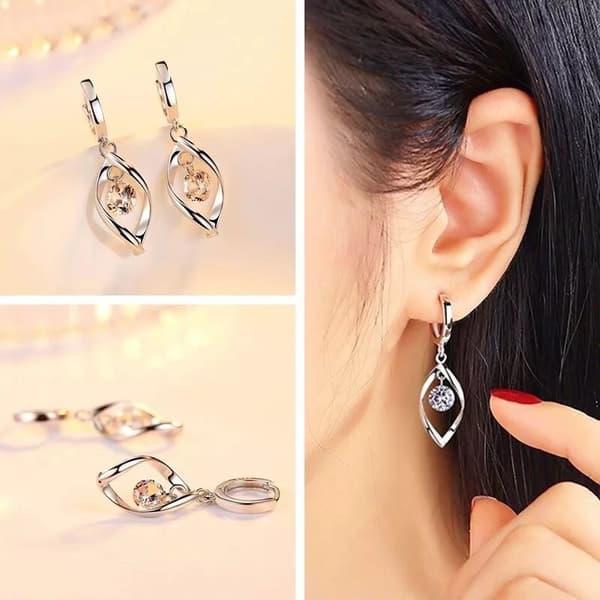 Crystal Swirl Leaf Drop Hoop Dangle Earrings 925 Sterling Silver Women Jewellery