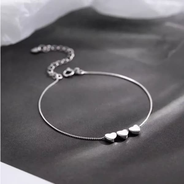 Three Heart Link Charm Bracelet 925 Sterling Silver Plt Women Jewellery Gift New