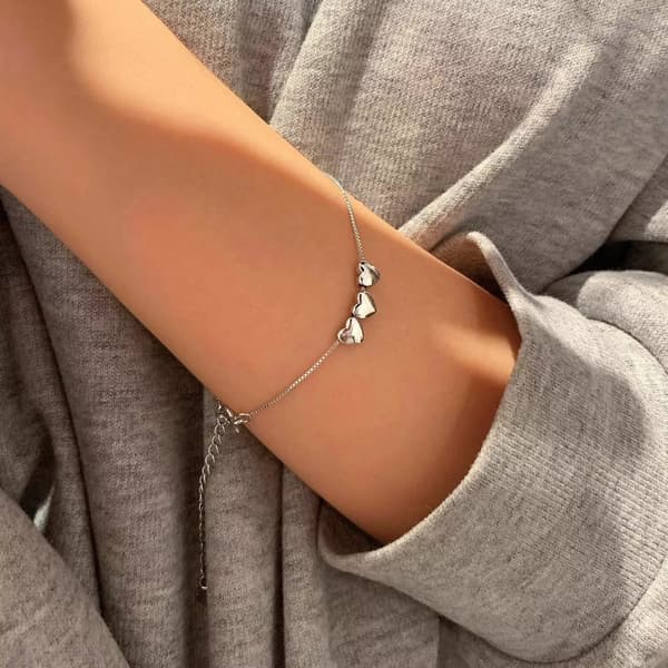 Three Heart Link Charm Bracelet 925 Sterling Silver Plt Women Jewellery Gift New