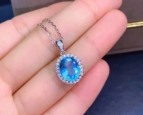Crystal Blue Oval Pendant 925 Sterling Silver Chain Necklace Womens Jewellery UK