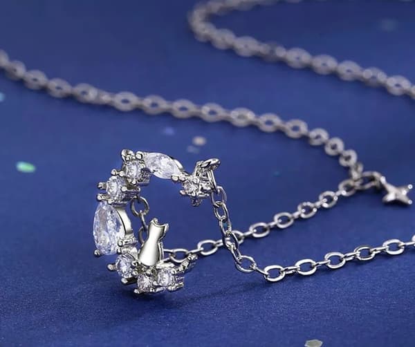 Women Moon Star Cat Pendant Chain Necklace 925 Sterling Silver Jewellery Gift UK