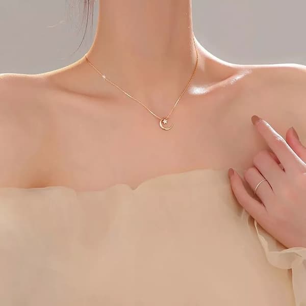 Rose Gold Crystal Moon Star Pendant 925 Sterling Silver Necklace Women Jewellery