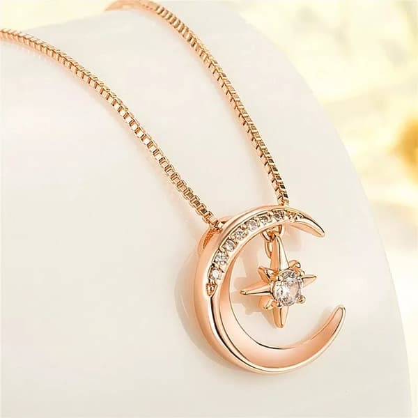 Rose Gold Crystal Moon Star Pendant 925 Sterling Silver Necklace Women Jewellery