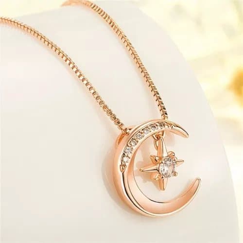 Rose Gold Crystal Moon Star Pendant 925 Sterling Silver Necklace Women Jewellery