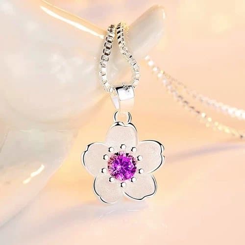 Lovely Purple Flower Pendant 925 Sterling Silver Necklace Women Girls Jewellery