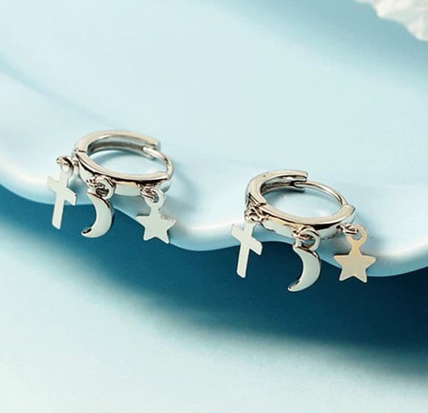 925 Sterling Silver Cross Star Dangle Hoop Earrings Women Girls Jewellery Gift