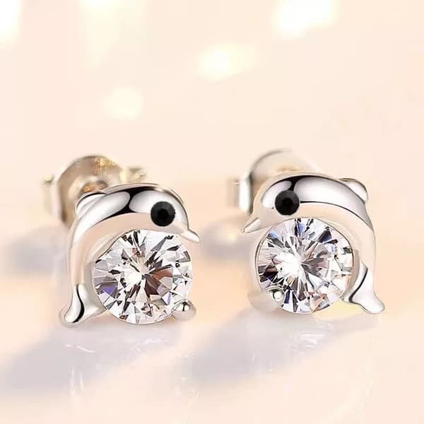925 Sterling Silver Crystal Dolphin Ear Stud Earrings Womens Girl Jewellery Gift
