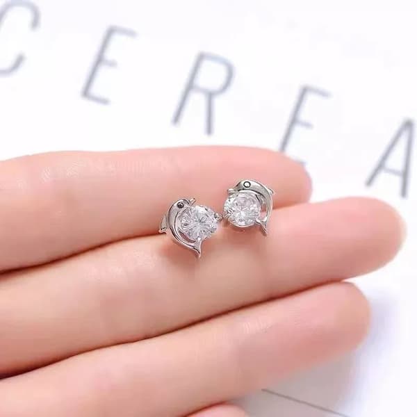 925 Sterling Silver Crystal Dolphin Ear Stud Earrings Womens Girl Jewellery Gift