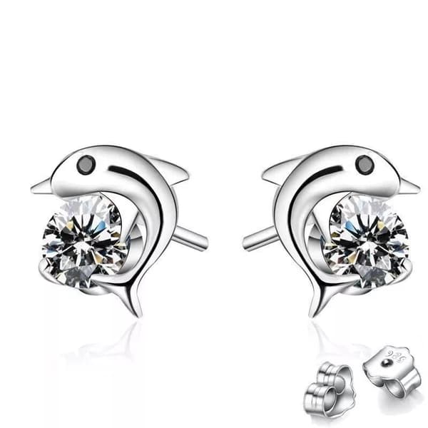 925 Sterling Silver Crystal Dolphin Ear Stud Earrings Womens Girl Jewellery Gift
