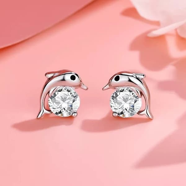 925 Sterling Silver Crystal Dolphin Ear Stud Earrings Womens Girl Jewellery Gift