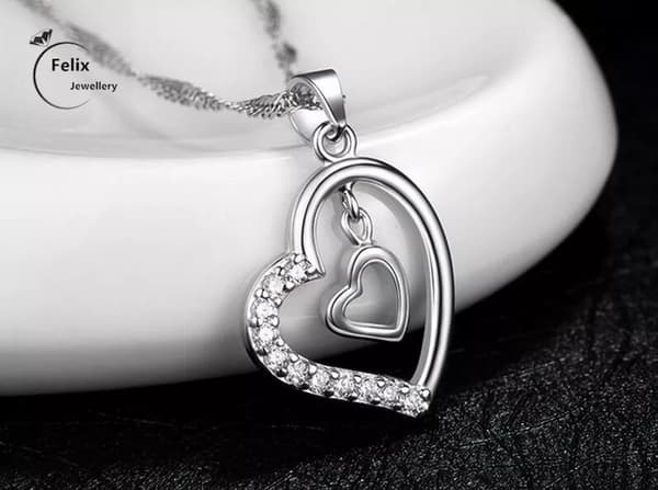Double Heart Pendant 925 Sterling Silver Necklace Chain Women’s Jewellery Gifts