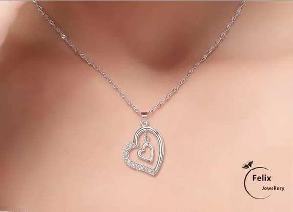 Double Heart Pendant 925 Sterling Silver Necklace Chain Women’s Jewellery Gifts