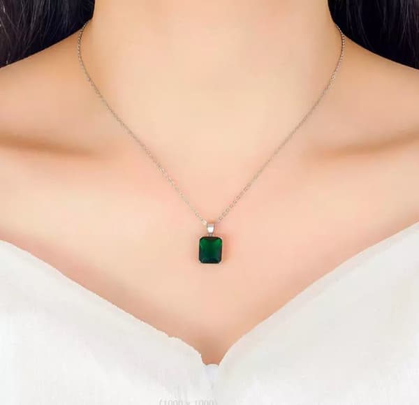 Green Rectangle Pendant 925 Sterling Silver Chain Necklace Womens Jewellery Gift