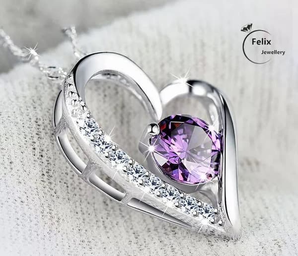 Purple Crystal Heart Pendant 925 Sterling Silver Chain Women Jewellery Love Gift