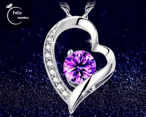 Purple Crystal Heart Pendant 925 Sterling Silver Chain Women Jewellery Love Gift