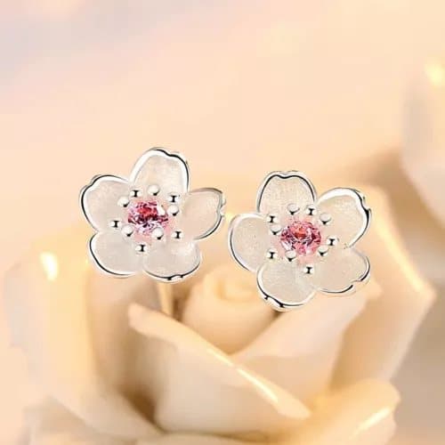 925 Sterling Silver  Pink Sakura Stud Earrings Womens Girls Jewellery Love Gift