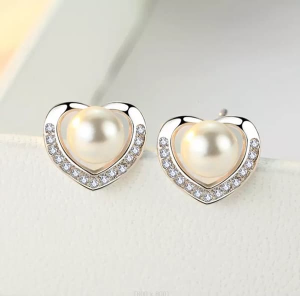 925 Sterling Silver Crystal Heart Pearl Stud Earrings Women Girls Jewellery Gift