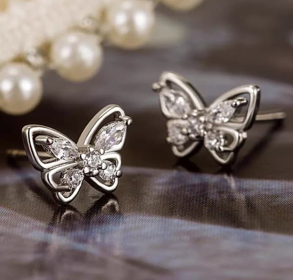 925 Sterling Silver Crystal Silver Butterfly Stud Earrings Womens Jewellery Gift