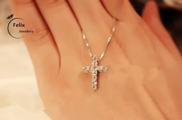 Crystal Cross Pendant Necklace 925 Sterling Silver Chain Womens Jewellery Jesus