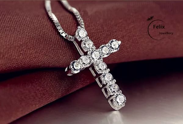 Crystal Cross Pendant Necklace 925 Sterling Silver Chain Womens Jewellery Jesus
