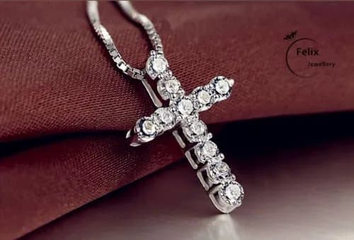 Crystal Cross Pendant Necklace 925 Sterling Silver Chain Womens Jewellery Jesus