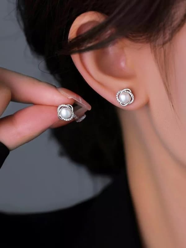 Crystal Pearl Twist Stone Stud Earrings 925 Sterling Silver Womens Jewellery UK