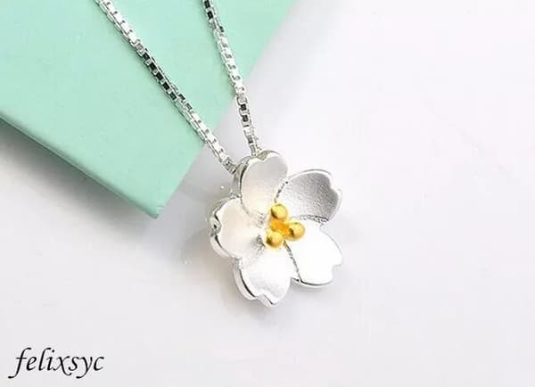 Cherry Blossoms Pendant 925 Sterling Silver Chain Necklace Women Jewellery gifts