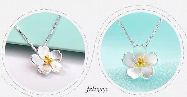 Cherry Blossoms Pendant 925 Sterling Silver Chain Necklace Women Jewellery gifts