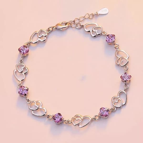 925 Sterling Silver Crystal Heart Linked Charm Bracelet Women Girls Jewellery UK